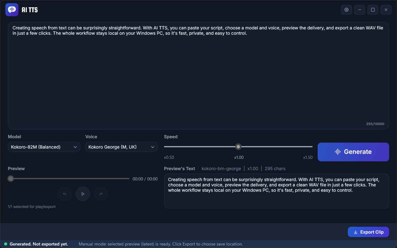 AI TTS main screen showing text input, model selection, preview, and export controls