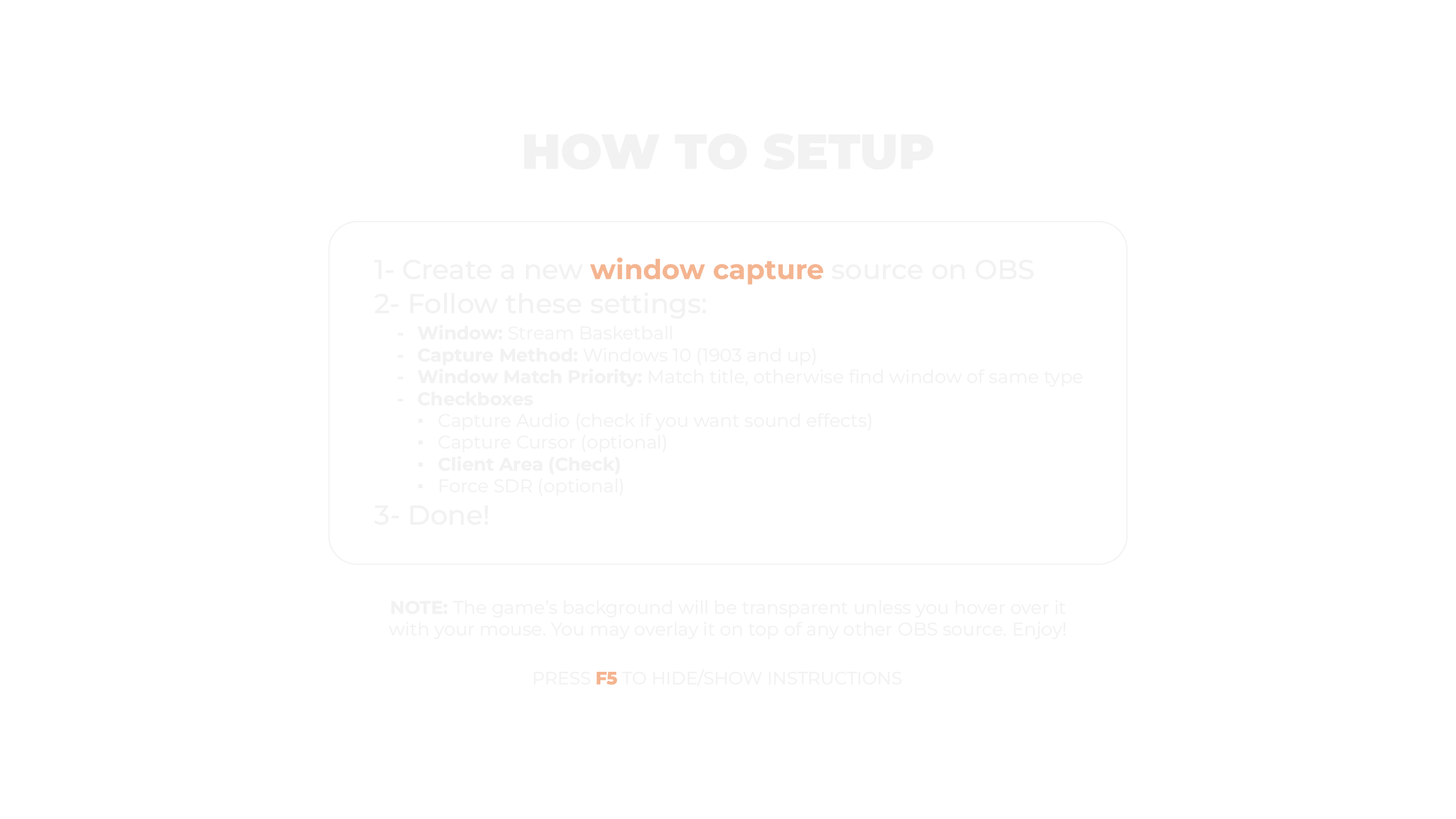 Stream Basketball setup screen showing how to add the game to OBS