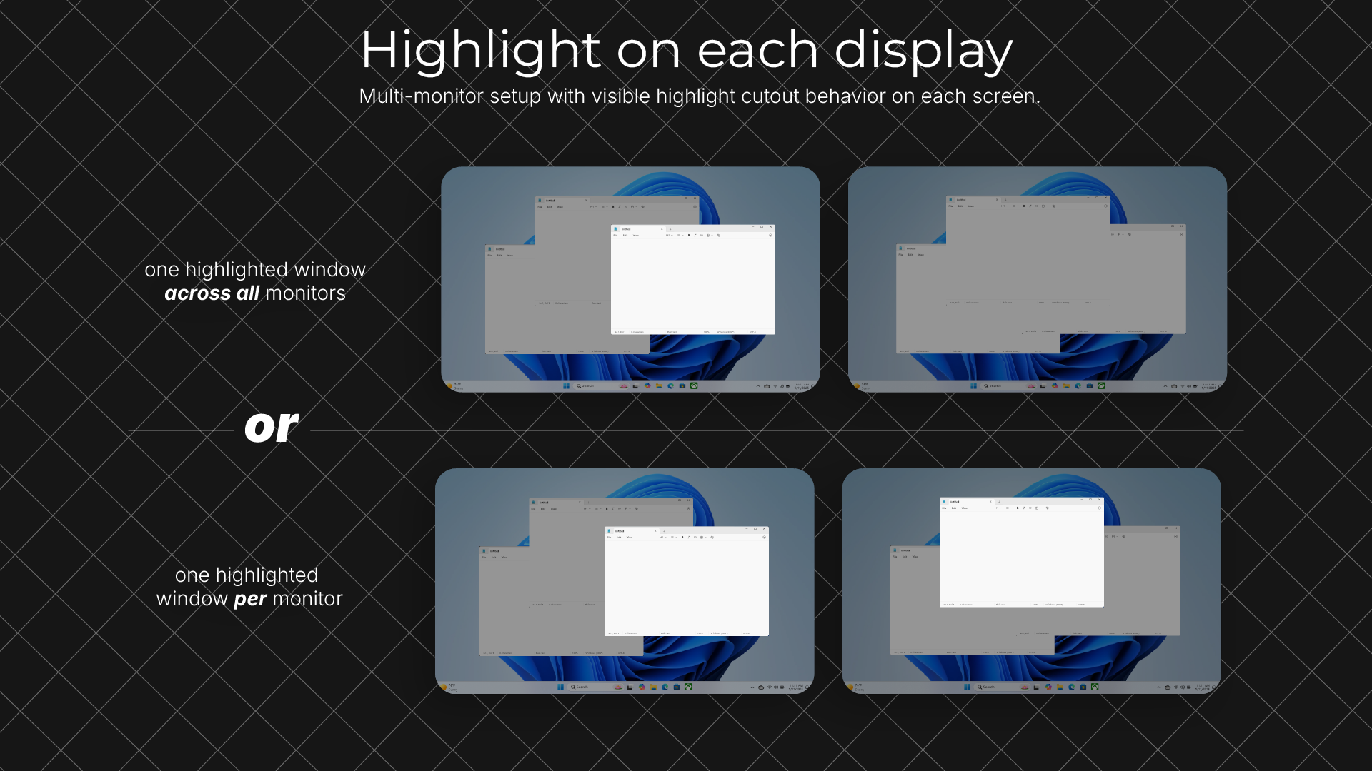 Veil showing highlight behavior across a multi-monitor setup, including one highlighted window per monitor.