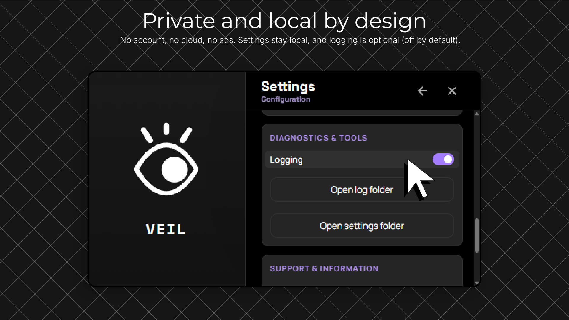 Veil diagnostics and tools settings showing local logging controls and local folder access.