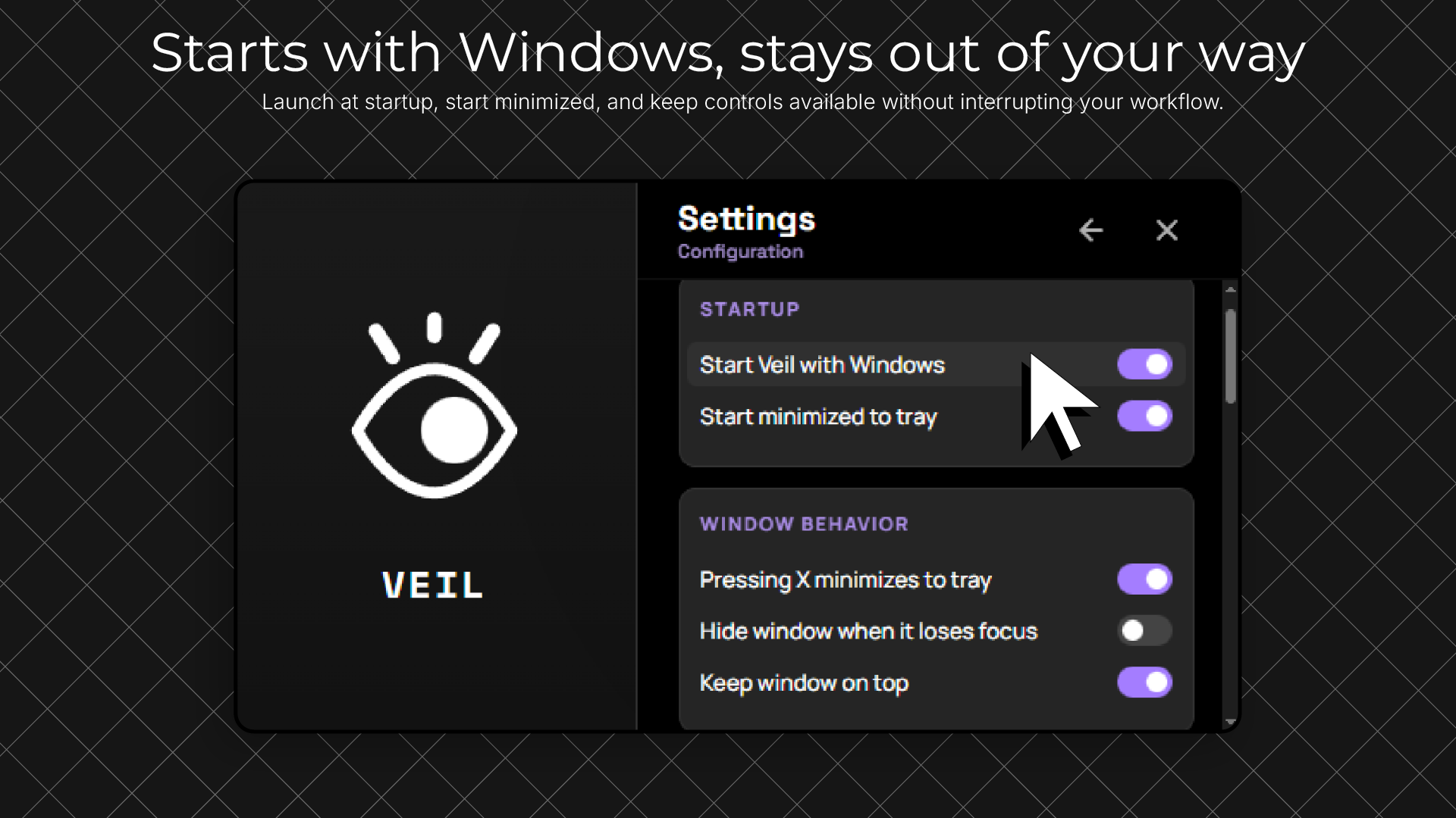 Veil settings for starting with Windows, starting minimized, and staying available without interrupting work.